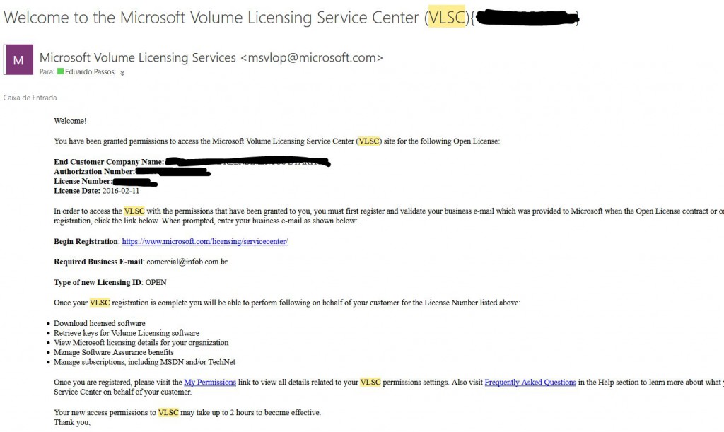 Email para ativação do licenciamento Open no VLSC