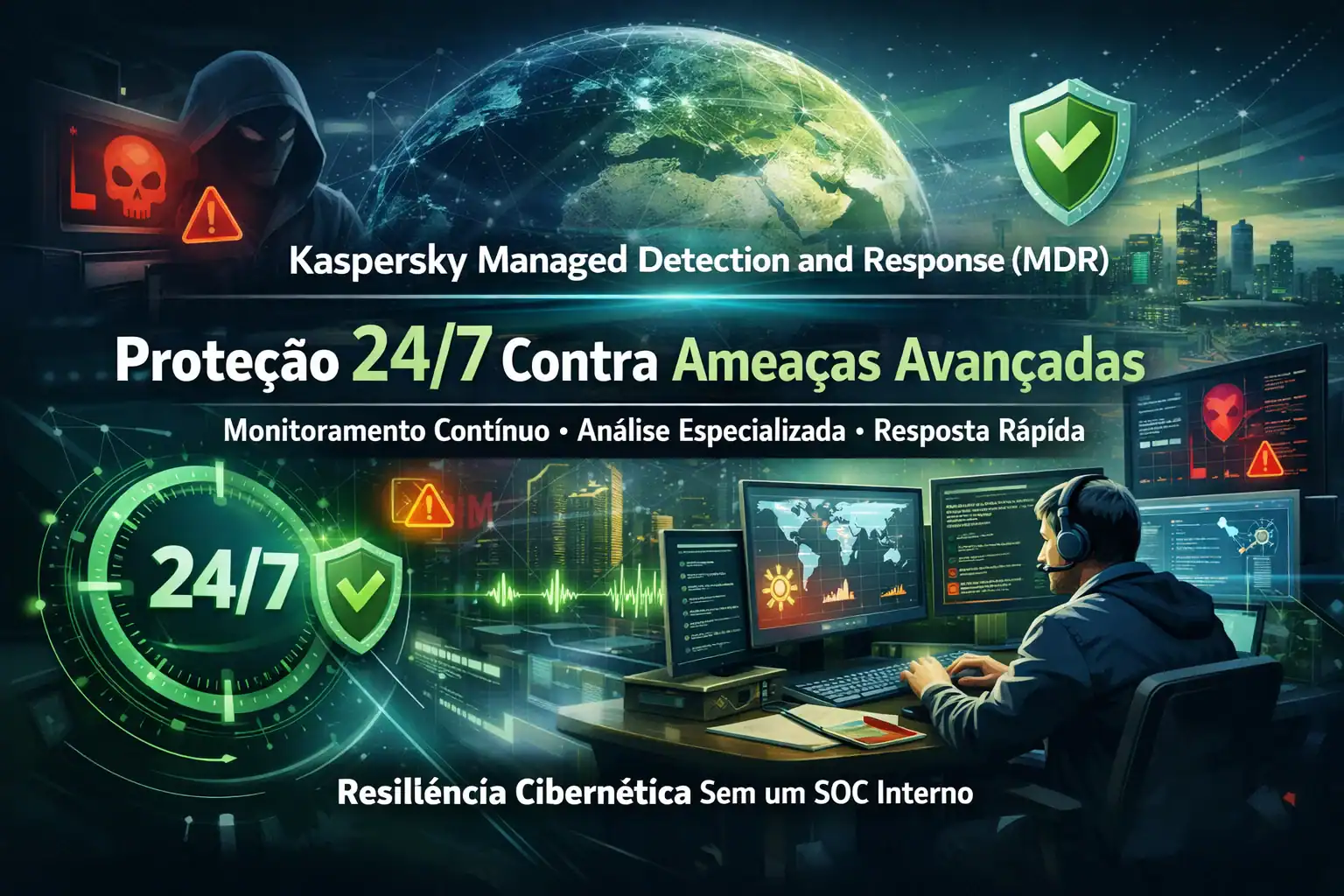 Kaspersky Managed Detection and Response (MDR) oferece proteção 24/7 contra ameaças avançadas, com monitoramento contínuo, análise especializada e resposta rápida a incidentes, garantindo maior resiliência cibernética para sua empresa sem a necessidade de um SOC interno.