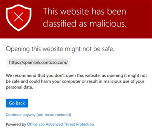 Exemplo de link malicioso de phishing bloqueado pelo Microsoft 365