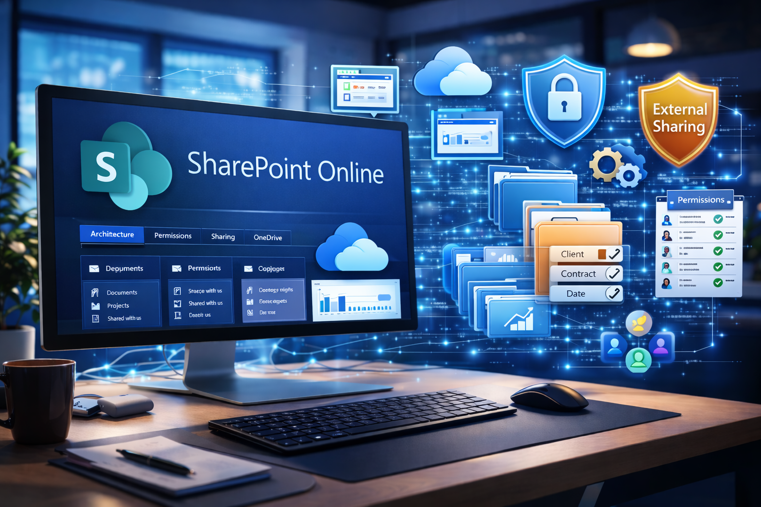 SharePoint Online e OneDrive explicados: veja como estruturar arquitetura de conteúdo, permissões, compartilhamento externo e governança no Microsoft 365. Guia prático para empresas organizarem documentos com segurança.