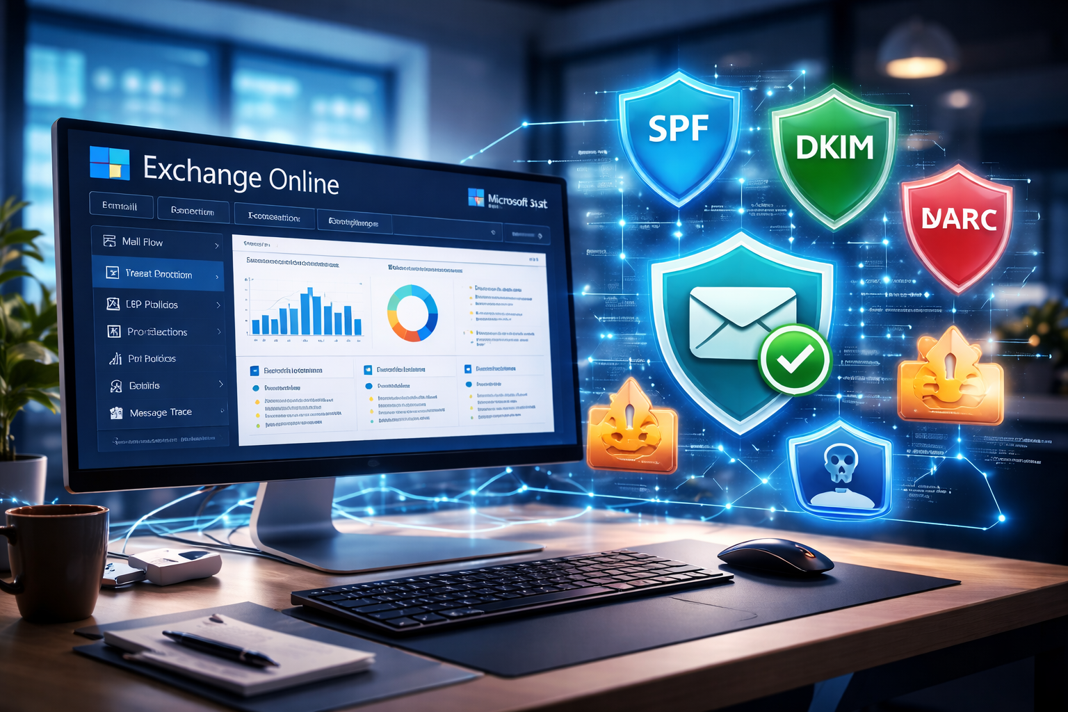 Exchange Online explicado: veja como configurar e proteger o e-mail corporativo no Microsoft 365 com SPF, DKIM, DMARC, DLP e regras de fluxo de mensagens. Boas práticas usadas por administradores de TI.