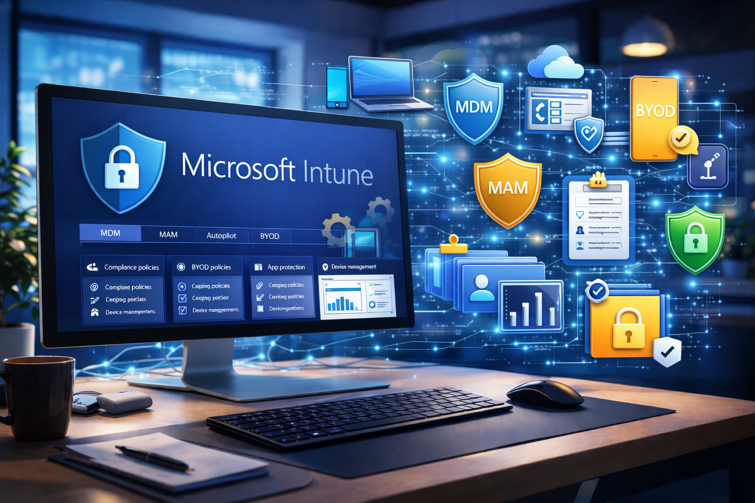 Microsoft Intune explicado: veja como gerenciar dispositivos, aplicar políticas de segurança, proteger apps corporativos e integrar Conditional Access no Microsoft 365. Guia essencial para administradores de TI.