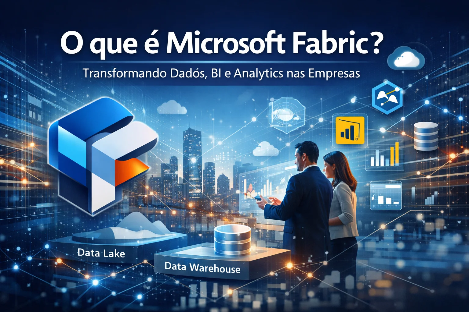 Entenda o que é Microsoft Fabric, como funciona, seus componentes, benefícios, relação com Power BI, Azure e Synapse e quando vale a pena adotar nas empresas.