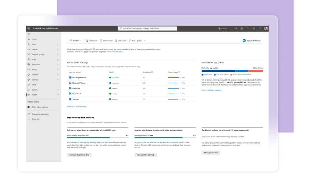 Tela de administração do Microsoft 365
