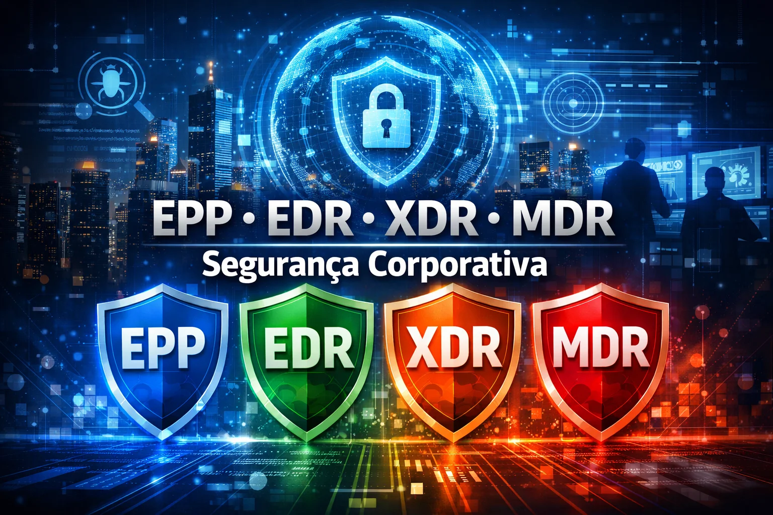 Entenda as diferenças entre EPP, EDR, XDR e MDR e descubra qual estratégia de segurança corporativa sua empresa precisa para 2026. Guia técnico com casos reais, tabela comparativa e FAQ.