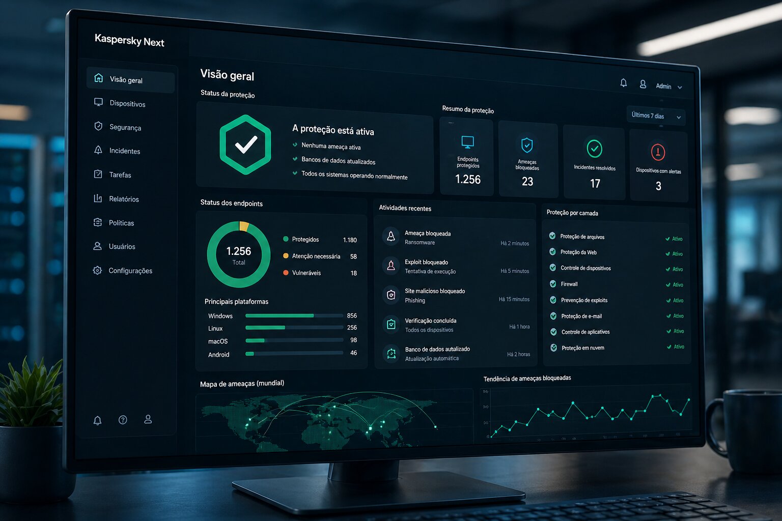 Painel de controle do Kaspersky Next em monitor corporativo mostrando proteção de endpoints empresariais — ilustração das soluções Kaspersky para empresas