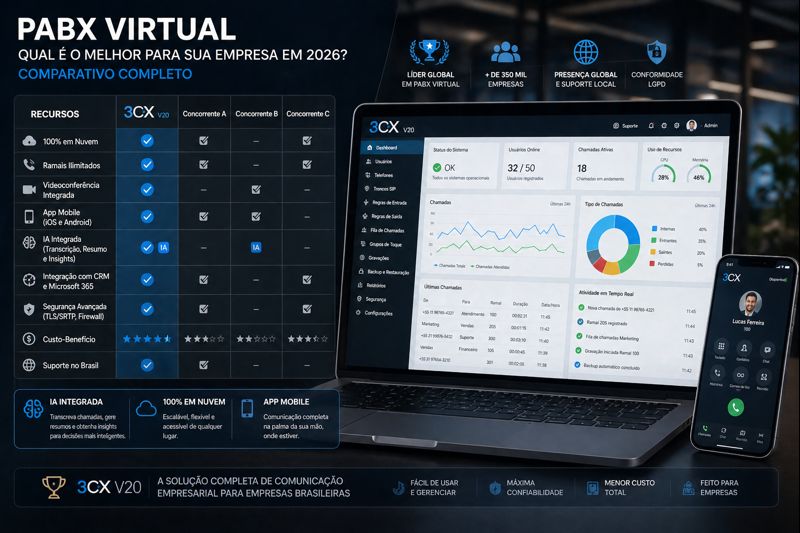 Comparativo de sistemas de PABX virtual em tela de notebook com painel de administração 3CX V20 aberto — melhor PABX virtual para empresas brasileiras em 2026 com IA integrada e app mobile