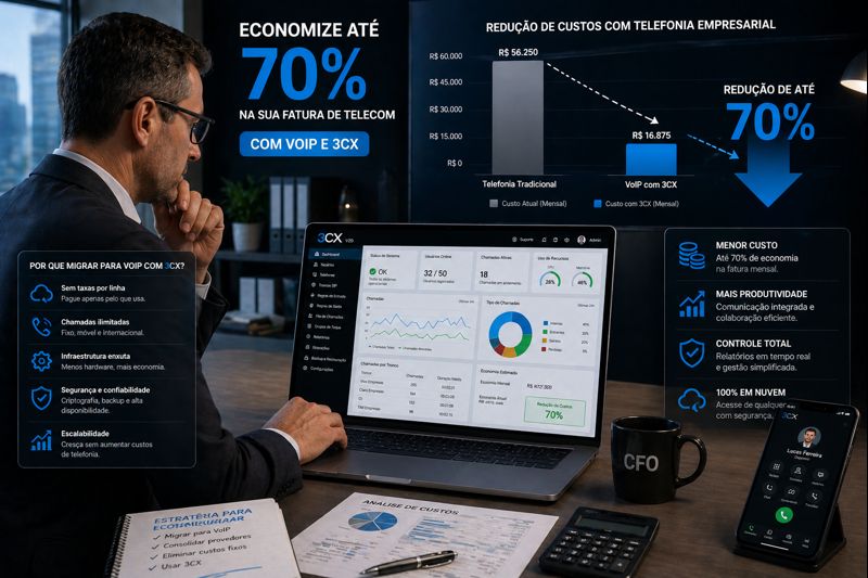 CFO analisando planilha de custos de telefonia empresarial em notebook com gráfico de redução de despesas ao fundo — estratégias para economizar até 70% na fatura de telecom com VoIP e 3CX