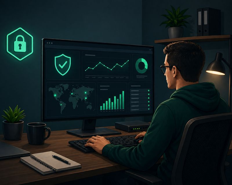 Profissional de TI monitorando painel de segurança cibernética com poucos recursos — ilustração do conceito de segurança TI enxuta.