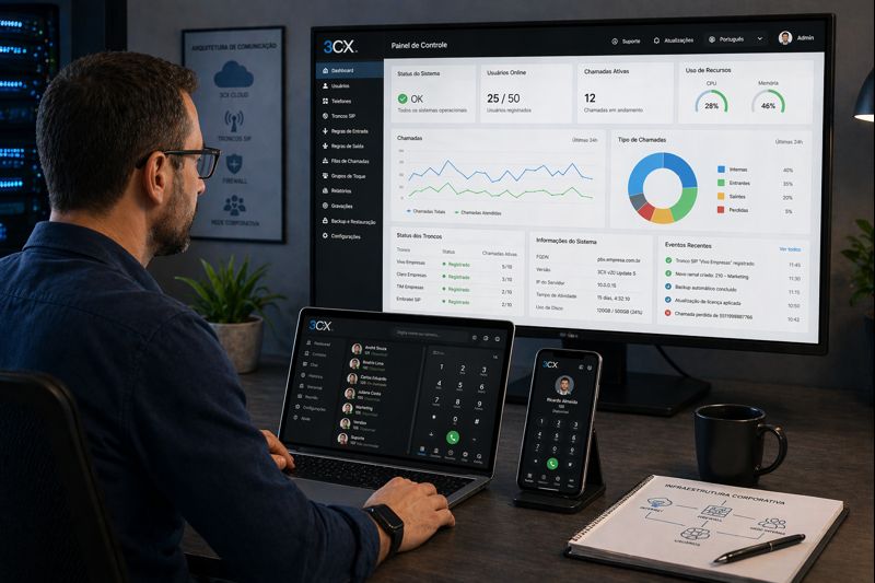 Gestor de TI analisando painel de sistema de telefonia empresarial em nuvem no monitor, com softphone 3CX aberto no notebook e smartphone ao lado — central telefônica virtual integrada à infraestrutura corporativa