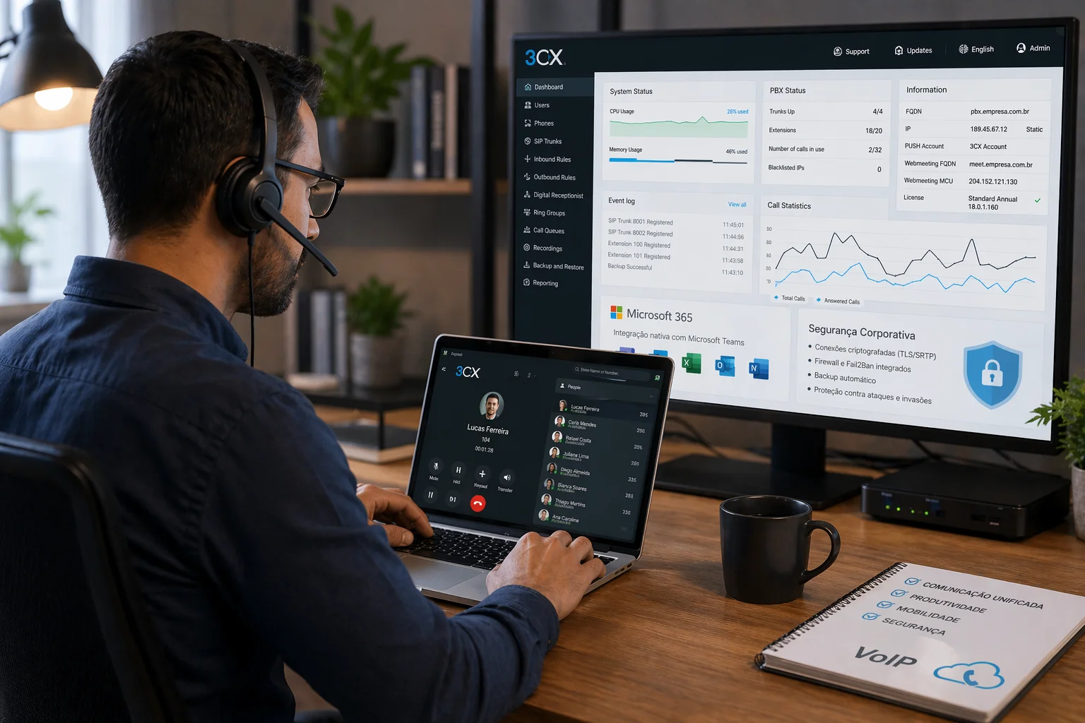 Profissional em home office usando softphone VoIP no notebook com painel do sistema 3CX ao fundo — solução de telefonia empresarial VoIP integrada a Microsoft 365 e segurança de TI corporativa.