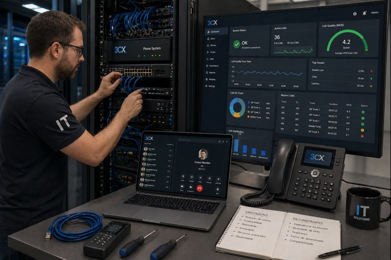 Técnico de TI configurando sistema de telefonia IP em rack de servidor corporativo com tela exibindo painel de qualidade de chamadas VoIP — análise de vantagens e desvantagens da telefonia IP empresarial