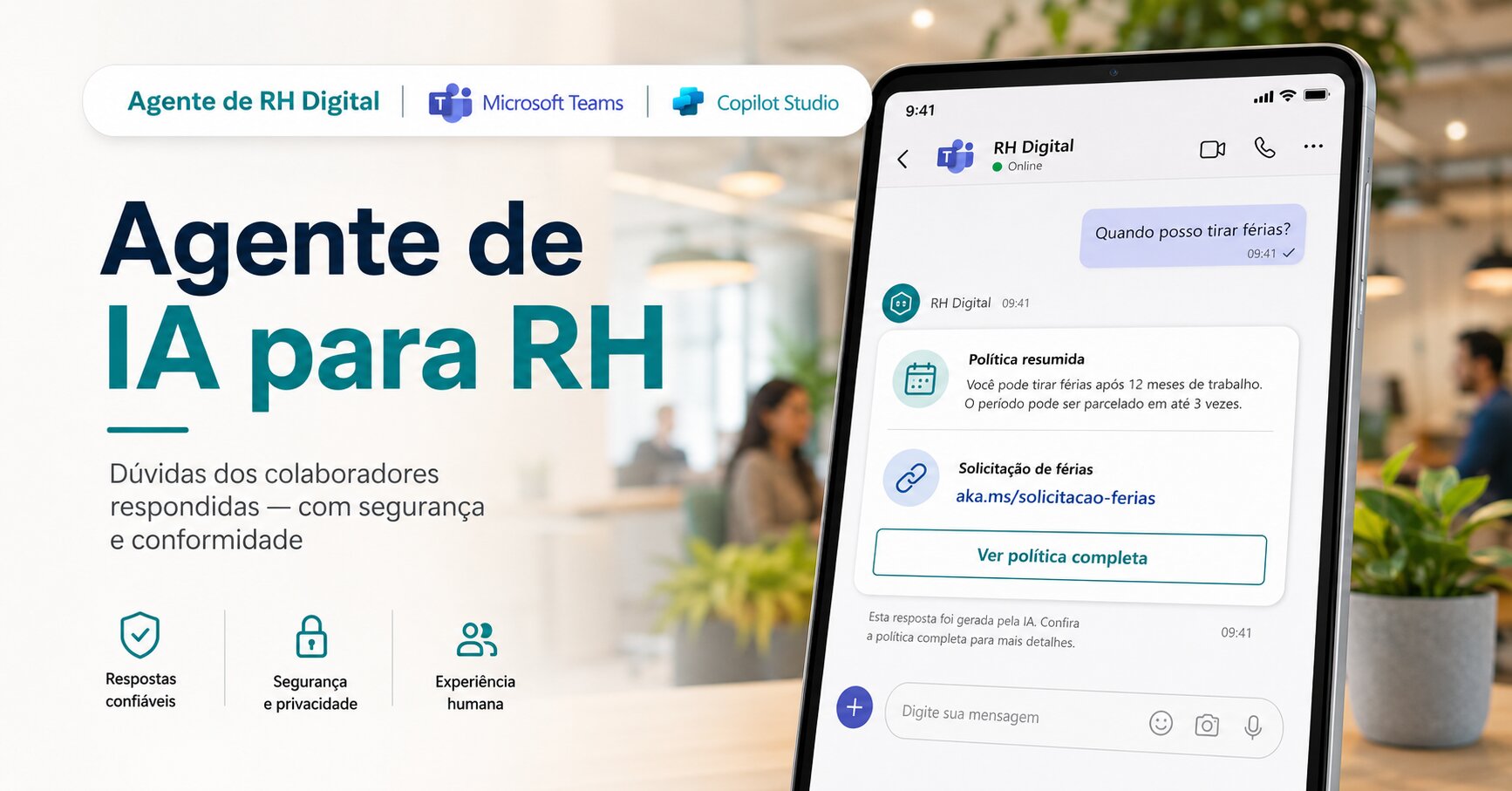 Entenda como um agente de IA para RH responde dúvidas sobre férias, benefícios, políticas e onboarding — com controle de permissões, proteção de dados pessoais e conformidade com a LGPD.