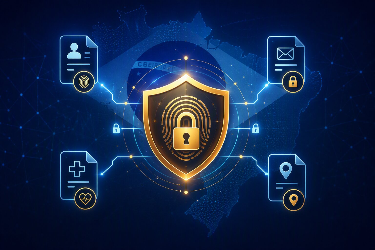 Escudo de proteção de dados pessoais com ícones de informações cobertas pela LGPD