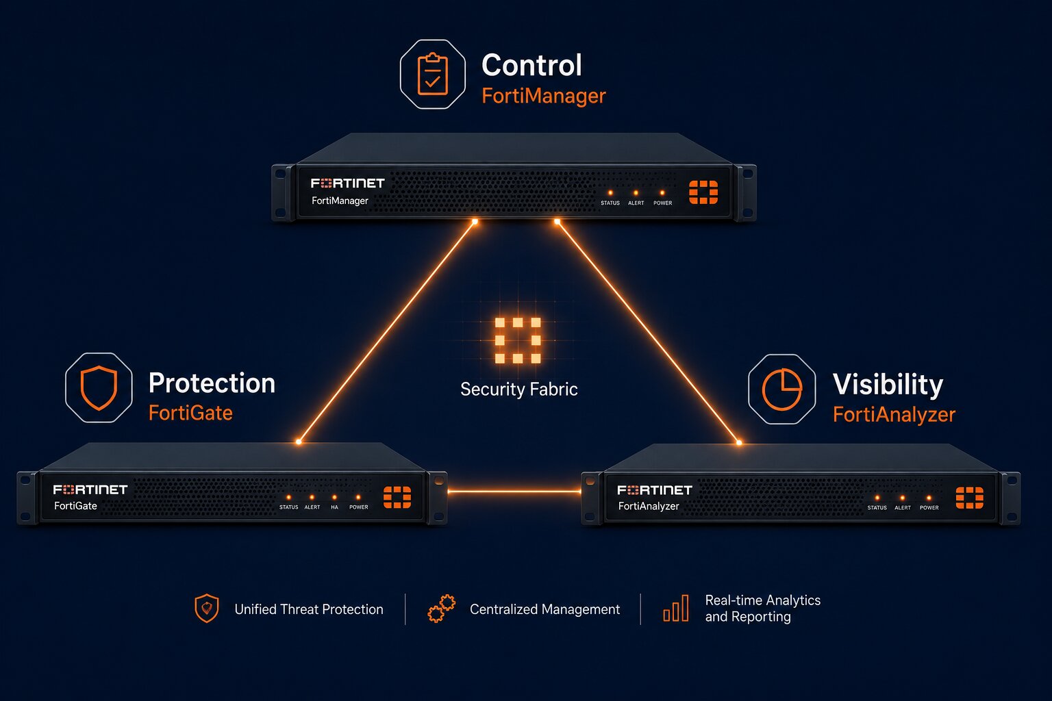 FortiGate, FortiManager e FortiAnalyzer formando o trio de proteção, controle e visibilidade do Fortinet Security Fabric