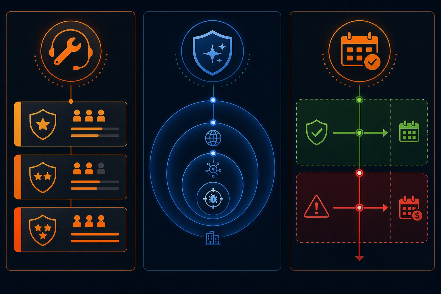 Diagrama comparativo FortiCare vs FortiGuard com bundles ATP UTP Enterprise e linha do tempo de renovação