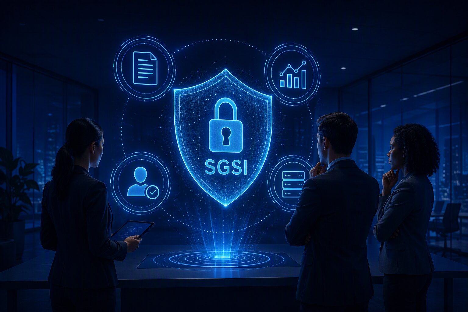 Equipe implementando SGSI conforme ISO 27001 com pilares de segurança da informação ao redor