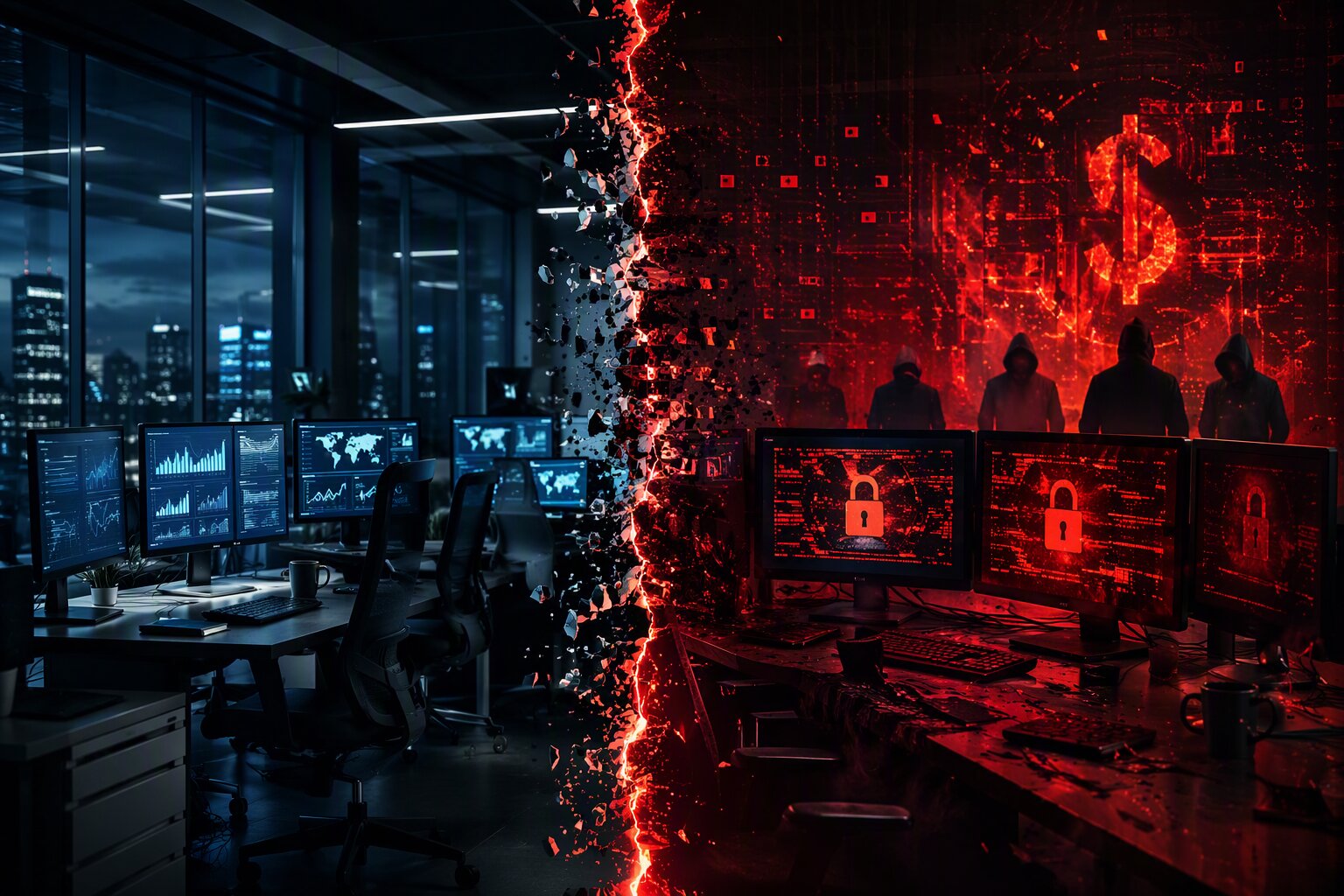 Escritório corporativo sendo atacado por ransomware organizado enquanto defesas tradicionais falham