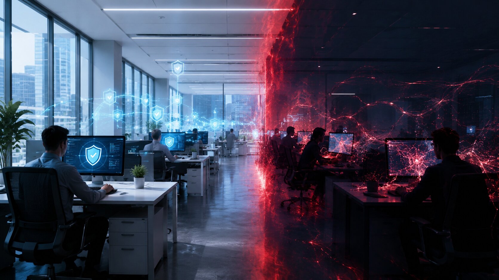 Escritório dividido entre uso controlado e Shadow AI com vazamento de dados invisível