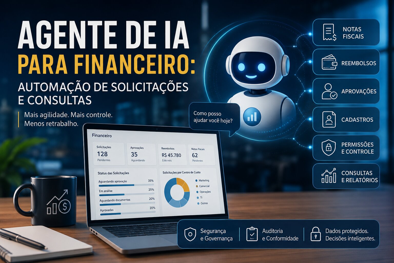 Agente de IA para financeiro: automação de solicitações e consultas O financeiro raramente para por falta de trabalho estratégico. Ele para porque alguém precisa saber se o reembolso foi aprovado, onde anexar uma nota fiscal, qual centro de custo usar, quem libera determinada despesa, se o fornecedor já está cadastrado ou por que um pagamento ainda não apareceu. São perguntas pequenas, mas constantes. E justamente por serem pequenas, parecem inofensivas. O problema é que elas interrompem a rotina da equipe, espalham informações por e-mail, Teams, planilhas e ERP, e transformam o financeiro em um balcão de atendimento interno. É nesse cenário que um agente de IA para financeiro faz sentido. Não como uma “IA mágica” que decide pagamentos sozinha, mas como uma interface corporativa capaz de orientar usuários, coletar dados, consultar informações autorizadas, iniciar fluxos de aprovação e registrar cada etapa do processo. A diferença é importante. Um agente financeiro corporativo não deve ser um atalho livre para o ERP. Ele deve ser uma camada controlada, com autenticação, permissões, políticas de dados e trilhas de auditoria. O colaborador vê o que pode ver. O gestor aprova o que está sob sua responsabilidade. O financeiro acessa o que precisa operar. A diretoria enxerga visões consolidadas. E cada ação fica registrada. Para empresas que já usam Microsoft 365, Microsoft Teams, SharePoint, Power Automate e Copilot Studio, esse modelo é especialmente viável. O Copilot Studio permite criar agentes conectados a bases de conhecimento, fluxos e sistemas corporativos por meio de conectores e ações. A própria Microsoft descreve os conectores da Power Platform como wrappers em torno de APIs, usados para comunicação entre aplicativos, serviços e automações. Veja a documentação oficial sobre conectores avançados no Copilot Studio. O ponto central, porém, não é apenas conectar. É conectar com critério. Em financeiro, produtividade sem controle pode virar risco. Por isso, o melhor projeto não começa com a pergunta “o que a IA consegue fazer?”, mas com uma pergunta mais madura: “quais solicitações podemos automatizar sem comprometer segurança, segregação de funções e conformidade?”. Usos de um agente de IA para financeiro Um agente de IA para financeiro pode assumir boa parte do atendimento interno que hoje chega ao time financeiro de forma desorganizada. Ele não precisa começar por processos complexos. Pelo contrário: os melhores primeiros casos de uso costumam estar nas dúvidas repetitivas, nos formulários incompletos e nos fluxos que dependem de cobrança manual. Consultas internas sobre pagamentos, reembolsos e políticas Um colaborador quer saber quando receberá o reembolso de uma viagem. Hoje, ele talvez envie mensagem para alguém do financeiro, procure um e-mail antigo ou abra um chamado incompleto. Com um agente, a pergunta pode ser feita diretamente no Teams: “Qual o status do meu reembolso de R$ 480?” O agente identifica o usuário, consulta apenas as solicitações vinculadas a ele e responde com o status permitido: recebido, em análise, aguardando aprovação do gestor, aprovado, programado para pagamento ou pendente de documentação. Essa experiência parece simples, mas elimina uma grande quantidade de interrupções. O financeiro deixa de responder manualmente perguntas operacionais e passa a atuar nos casos que exigem análise. O mesmo vale para dúvidas sobre políticas internas. Em vez de o colaborador procurar uma política de despesas perdida em uma pasta do SharePoint, ele pode perguntar: “Posso pedir reembolso de estacionamento em visita a cliente?” O agente responde com base na política vigente, mostra o trecho aplicável e orienta o próximo passo. A resposta não deve ser inventada nem genérica. Ela precisa estar ancorada em documentos oficiais da empresa, com controle de versão e responsáveis pela atualização. Solicitações de reembolso mais completas Reembolso é um ótimo caso de uso porque reúne volume, regras, comprovantes e aprovação. Também é um processo em que boa parte do retrabalho acontece antes mesmo da análise financeira: falta nota, falta justificativa, falta centro de custo, falta data, falta vínculo com cliente ou projeto. Um agente financeiro corporativo pode transformar essa entrada bagunçada em uma solicitação estruturada. Ele pergunta o tipo de despesa, valor, data, centro de custo, motivo, projeto relacionado e comprovante. Se algum campo obrigatório estiver ausente, ele não encaminha o pedido incompleto. Ele orienta o usuário a corrigir antes. Isso muda a qualidade da fila do financeiro. Em vez de receber solicitações abertas demais, o time recebe pedidos mais padronizados, com informações mínimas para análise e aprovação. O agente também pode orientar sobre exceções. Se a política define limite para alimentação, hospedagem ou transporte, ele pode avisar quando o valor informado parece estar fora do padrão e solicitar justificativa adicional. A decisão final continua com o aprovador autorizado, mas o processo já chega mais organizado. Notas fiscais e documentos pendentes Notas fiscais são outro ponto sensível. Em muitas empresas, a NF chega por e-mail, é encaminhada para alguém, fica parada aguardando validação, volta por falta de informação e só depois entra no contas a pagar. O agente pode atuar como porta de entrada. Um usuário pode informar que recebeu uma nota de fornecedor e o agente solicita CNPJ, número da nota, valor, data de emissão, pedido de compra, centro de custo, contrato relacionado e responsável interno. Depois, encaminha o processo para validação. Quando integrado ao ERP, sistema fiscal ou fluxo de contas a pagar, o agente também pode responder consultas de status. Mas essa resposta precisa respeitar permissões. Um colaborador pode ver se a nota que ele enviou foi recebida e se há pendência. Um gestor pode ver notas ligadas ao seu centro de custo. O financeiro pode ver a fila completa. O fornecedor, se houver portal ou canal externo, deve receber apenas informações cuidadosamente delimitadas. Esse cuidado evita um erro comum: transformar a IA em uma vitrine de dados financeiros. O agente deve reduzir atrito, não ampliar exposição. Cadastros de fornecedores e atualização de dados Cadastro de fornecedor costuma envolver muitas idas e vindas. Falta contrato, falta documentação fiscal, falta dado bancário, falta aprovação de compras, falta validação do financeiro ou falta análise de compliance. Um agente pode orientar o solicitante desde o início. Ele informa quais documentos são necessários, coleta os dados obrigatórios e abre o fluxo correto. Se a empresa exigir validação jurídica, compliance ou aprovação de compras, o agente encaminha a solicitação para cada etapa. Atualização de dados bancários exige ainda mais cuidado. Esse tipo de alteração não deve ser tratado como uma simples conversa com IA. O agente pode iniciar a solicitação e orientar o usuário, mas a validação deve envolver controles adicionais, documentação, aprovação e registro de auditoria. Em alguns casos, pode ser necessário contato independente com o fornecedor para evitar fraude. Esse é um bom exemplo de como a automação financeira com IA deve ser desenhada: a IA agiliza a entrada e o acompanhamento, mas não elimina os controles que protegem a empresa. Apoio a gestores e centros de custo Gestores também sofrem com processos financeiros mal organizados. Eles recebem aprovações por e-mail, esquecem solicitações, não sabem quais despesas estão pendentes e muitas vezes não têm uma visão simples do que está parado no seu centro de custo. Um agente pode responder perguntas como: “Quais aprovações financeiras estão pendentes comigo?” “Quais reembolsos da minha equipe estão aguardando decisão?” “Existe alguma nota fiscal parada no meu centro de custo?” “Quais solicitações foram devolvidas por falta de informação?” Esse tipo de consulta melhora o fluxo sem exigir que o gestor acesse o ERP, aprenda telas complexas ou dependa de relatórios manuais. O agente se torna uma interface operacional para decisão, mas sempre dentro do escopo de permissão do gestor. Para entender melhor o conceito mais amplo de agentes corporativos, veja também a página pilar da InfoB sobre agente de IA para empresas. Riscos de usar IA no financeiro sem governança A implantação de IA no financeiro exige mais rigor do que em áreas de conteúdo ou atendimento genérico. O motivo é simples: o financeiro trabalha com dados sensíveis, impacto contábil, obrigações fiscais, fornecedores, pagamentos, centros de custo, contratos e informações que não podem circular sem controle. O risco não é apenas a IA “errar uma resposta”. O risco é a empresa criar um canal rápido demais para um processo que deveria ter verificação. Acesso indevido a informações financeiras Um agente mal configurado pode expor dados que o usuário não deveria ver. Isso pode incluir status de pagamentos de outros departamentos, dados de fornecedores, valores de notas, despesas de outros colaboradores, informações bancárias, contratos ou relatórios de centro de custo. Por isso, um agente de IA para financeiro deve respeitar a identidade do usuário e aplicar autorização antes de consultar ou responder. A pergunta não é apenas “o agente sabe responder?”. A pergunta correta é: “este usuário pode receber essa resposta?”. Esse controle deve envolver Microsoft Entra ID, grupos de segurança, permissões nos sistemas de origem, regras no fluxo de automação e políticas de dados. Não basta esconder um botão na interface. A restrição precisa estar na arquitetura. Respostas baseadas em documentos desatualizados Outro risco comum é conectar o agente a políticas antigas. Se a empresa tem versões diferentes da política de reembolso em pastas, e-mails e documentos duplicados, a IA pode responder com base na fonte errada. Antes de colocar o agente em produção, é necessário organizar a base de conhecimento. Quem é dono da política? Qual documento é oficial? Onde ele fica armazenado? Com que frequência será revisado? O agente mostrará a fonte usada na resposta? Em áreas financeiras, fonte e versão importam. Uma resposta sem referência pode até ser rápida, mas não necessariamente é confiável. Automação que passa por cima da segregação de funções A segregação de funções existe para evitar fraude, erro e conflito de interesse. Quem solicita não deve ser a mesma pessoa que aprova. Quem cadastra fornecedor não deveria liberar pagamento sem controle. Quem altera dado bancário não deve concluir o processo sem validação. Um agente de IA não pode se tornar um caminho alternativo para driblar essas regras. Ele pode coletar dados, validar campos, abrir solicitação, encaminhar aprovação e registrar histórico. Mas aprovações financeiras, exceções de política, alteração de dados sensíveis e liberação de pagamentos devem seguir a matriz de autoridade da empresa. A automação correta não elimina controle. Ela torna o controle mais visível, mais rápido e mais rastreável. Conectores e dados fora da política corporativa Em ambientes Microsoft, políticas de prevenção contra perda de dados são essenciais para controlar quais conectores e fontes podem ser usados pelos agentes. A documentação da Microsoft sobre políticas de DLP no Copilot Studio mostra como administradores podem controlar conectores, autenticação, canais, fontes de conhecimento e interações com serviços. Na prática, isso significa que a empresa pode impedir que um agente financeiro use conectores não aprovados, publique em canais inadequados ou combine dados corporativos com serviços externos fora da política. Esse ponto é crítico. Muitas iniciativas de IA começam como piloto e crescem sem governança. Quando a empresa percebe, há agentes, fluxos, conectores e bases de dados espalhados sem controle central. No financeiro, isso é especialmente perigoso. Para aprofundar esse tema, veja também os conteúdos da InfoB sobre segurança de dados e Microsoft 365 Copilot e governança de IA corporativa. Integrações com ERP, notas fiscais e Power Automate O agente financeiro não precisa substituir o ERP. Na maioria dos casos, essa nem seria uma boa ideia. O ERP continua sendo o sistema de registro, controle e processamento. O agente atua como uma camada de interação, orientação e orquestração. Essa distinção evita expectativas erradas. O agente não deve ser tratado como “um usuário robô com acesso a tudo”. Ele deve conversar com sistemas por caminhos controlados: APIs, conectores, Power Automate, filas de aprovação, tabelas intermediárias, webhooks ou serviços internos. Integração com ERP A integração com ERP pode variar bastante conforme o sistema usado pela empresa. Alguns ERPs têm APIs modernas. Outros exigem conectores personalizados. Em ambientes legados, pode ser necessário criar uma camada intermediária para expor apenas dados específicos ao agente. Essa camada intermediária pode ser mais segura do que conectar a IA diretamente ao banco de dados ou ao sistema principal. Ela permite definir quais consultas são permitidas, quais campos serão retornados, quais ações podem ser executadas e quais logs serão gravados. Por exemplo, o agente pode consultar o status de uma solicitação de reembolso, mas não precisa ter acesso a todos os lançamentos financeiros. Pode verificar se um fornecedor está cadastrado, mas não precisa exibir dados bancários completos. Pode listar aprovações pendentes de um gestor, mas não deve permitir que ele veja solicitações de outras áreas. O princípio é simples: mínimo acesso necessário. Integração com notas fiscais e contas a pagar Em notas fiscais e contas a pagar, o agente pode ajudar em três momentos: entrada, acompanhamento e pendência. Na entrada, ele coleta dados e documentos. No acompanhamento, informa status autorizado. Na pendência, avisa o que falta para a solicitação avançar. Um fluxo típico pode funcionar assim: o colaborador envia a nota, o agente confere se os campos obrigatórios foram informados, registra a solicitação, encaminha para validação fiscal, notifica o aprovador e atualiza o status. Se a nota estiver sem pedido de compra ou centro de custo, o agente devolve com orientação objetiva. Esse tipo de automação reduz o volume de mensagens soltas e melhora a qualidade da informação que chega ao contas a pagar. Integração com Power Automate O Power Automate é uma peça importante porque transforma a conversa em processo. Sem automação, o agente apenas responde. Com automação, ele coleta dados, inicia fluxos, envia aprovações, cria registros, notifica responsáveis e atualiza status. Isso permite desenhar processos como: Solicitação de reembolso com aprovação do gestor. Validação de nota fiscal com pendência documental. Cadastro de fornecedor com aprovação de compras, jurídico e financeiro. Consulta de status de pagamento com resposta limitada ao perfil do usuário. Alerta de aprovações pendentes por centro de custo. Registro de solicitação em lista, banco, ERP ou sistema de chamados. A InfoB tem um conteúdo específico sobre Copilot Studio e Power Automate, que aprofunda essa lógica de agentes conectados a fluxos de trabalho. Integração com SharePoint, Teams e Power BI Nem toda informação financeira precisa vir do ERP. Muitas respostas podem estar em políticas, manuais, formulários, documentos internos e relatórios. O SharePoint pode servir como repositório governado de políticas financeiras, regras de reembolso, instruções fiscais e procedimentos. O Teams pode ser o canal de atendimento do agente. O Power BI pode apoiar visões gerenciais e indicadores, desde que os dados respeitem permissões. A vantagem desse modelo é que o usuário não precisa saber onde cada informação está. Ele pergunta em linguagem natural. O agente entende a intenção, consulta a fonte correta, aplica permissão e orienta o próximo passo. Aprovação: como desenhar fluxos seguros Aprovação é onde muitos projetos de automação financeira se complicam. A tentação é acelerar tudo. Mas nem tudo deve ser acelerado da mesma forma. Uma aprovação de reembolso simples pode seguir um fluxo direto. Uma exceção de política precisa de justificativa. Uma despesa acima de determinado valor pode exigir diretoria. Uma nota sem pedido de compra pode precisar de validação adicional. Um cadastro de fornecedor pode envolver compras, financeiro, jurídico e compliance. O agente deve conhecer essas regras e conduzir o processo, não improvisar decisões. Reembolso com regras claras Em um fluxo de reembolso, o agente pode começar perguntando as informações obrigatórias. Depois, verifica regras básicas: tipo de despesa, limite, data, comprovante, centro de custo e justificativa. Se tudo estiver correto, encaminha ao gestor. Se houver exceção, solicita justificativa complementar. Se faltar comprovante, não abre a solicitação final. Se o centro de custo estiver inválido, orienta o usuário a corrigir. Isso reduz um problema muito comum: o financeiro receber uma solicitação que ainda não está pronta para análise. Aprovação por valor, área e centro de custo Nem toda aprovação segue o mesmo caminho. Um gasto pequeno pode exigir apenas o gestor direto. Um valor maior pode exigir diretoria. Determinados centros de custo podem ter responsáveis específicos. Algumas despesas podem exigir compras ou controladoria. O agente pode aplicar essa lógica automaticamente. A decisão de negócio continua sendo humana, mas o roteamento deixa de depender de memória, e-mail ou planilha. Esse ponto é um ganho relevante. Muitas empresas têm políticas até boas, mas a execução é inconsistente. O agente ajuda a transformar a regra em fluxo. Auditoria e histórico Cada solicitação precisa deixar rastro: quem pediu, quando pediu, qual valor, qual centro de custo, quais documentos foram anexados, quem aprovou, quem rejeitou, qual justificativa foi registrada e quando o status mudou. Sem esse histórico, a automação fica frágil. Com histórico, o agente passa a apoiar não apenas produtividade, mas também auditoria e conformidade. Para financeiro, esse é um dos benefícios mais importantes. A empresa deixa de depender de conversas dispersas e passa a ter processos mais rastreáveis. Métricas para avaliar a automação financeira com IA Um agente de IA para financeiro só deve ser considerado bem-sucedido se melhorar indicadores concretos. A novidade tecnológica passa rápido. O que permanece é a redução de atrito, tempo, erro e retrabalho. Redução de perguntas repetitivas A primeira métrica é o volume de perguntas que deixaram de chegar manualmente ao financeiro. Antes do agente, quantas mensagens por semana eram sobre status de reembolso, envio de nota fiscal, centro de custo, prazo de pagamento ou cadastro de fornecedor? Depois do agente, quantas foram resolvidas no autoatendimento? Essa métrica mostra se o agente está realmente tirando ruído da operação. Tempo até a solicitação ficar completa Não basta medir o tempo de resposta do agente. O indicador mais útil é o tempo até a solicitação estar completa o suficiente para análise. Um reembolso que antes demorava três dias só para reunir comprovante, justificativa e centro de custo pode chegar pronto em minutos. Isso tem impacto direto na produtividade do financeiro e na experiência do colaborador. Taxa de solicitações devolvidas Se muitas solicitações continuam sendo devolvidas por falta de documento, erro de centro de custo ou ausência de justificativa, o agente precisa ser ajustado. Um bom agente reduz solicitações incompletas porque orienta o usuário antes do envio. Essa métrica é excelente para provar valor operacional. Tempo de aprovação por gestor ou área A automação também ajuda a revelar gargalos. Algumas áreas aprovam rápido. Outras atrasam sempre. Alguns gestores acumulam pendências. Alguns centros de custo geram mais exceções. Com dados estruturados, o financeiro deixa de apenas “cobrar aprovação” e passa a enxergar onde o processo trava. Exceções à política Outro indicador importante é o volume de solicitações fora da política. Isso ajuda a empresa a entender se a regra está clara, se os usuários estão sendo bem orientados ou se a própria política precisa ser revista. A IA não serve apenas para acelerar. Ela também pode revelar padrões que antes ficavam escondidos em e-mails e planilhas. Horas devolvidas ao time financeiro Por fim, é possível estimar quantas horas foram economizadas em atendimento interno, conferência de informações básicas, cobrança de documentos e acompanhamento de status. Esse número ajuda a justificar a expansão do projeto. O discurso deixa de ser “vamos usar IA” e passa a ser “reduzimos X horas de trabalho operacional por mês e melhoramos o SLA de aprovação”. Como implementar um agente financeiro corporativo A melhor forma de começar é escolher um processo importante, mas controlado. Reembolso, consulta de status, dúvidas sobre política financeira e cadastro de fornecedor costumam ser bons candidatos. Eles têm volume, geram retrabalho e podem ser automatizados sem entregar decisões críticas para a IA. O primeiro passo é mapear as perguntas reais que chegam ao financeiro. Não comece pelo desenho ideal. Comece pelo caos atual: mensagens, e-mails, chamados, planilhas, grupos de Teams e dúvidas recorrentes. Depois, organize as fontes de conhecimento. Políticas de reembolso, procedimentos fiscais, manuais de centro de custo, regras de aprovação e instruções para fornecedores precisam estar atualizados. Um agente conectado a documentos ruins apenas torna o erro mais rápido. Em seguida, defina a matriz de permissões. Quem pode abrir solicitação? Quem pode consultar status? Quem pode aprovar? Quem pode ver valores? Quem pode acessar informações por centro de custo? Quem pode alterar cadastro? Quem pode auditar? Depois vem o desenho dos fluxos. Para cada processo, defina entrada, validação, aprovação, exceção, notificação, registro e encerramento. É aqui que Power Automate, ERP, SharePoint, Teams e Copilot Studio começam a se conectar. Antes da publicação, teste cenários reais. Teste usuário sem permissão. Teste solicitação incompleta. Teste exceção de política. Teste gestor que tenta ver dados de outra área. Teste conector indisponível. Teste resposta sem fonte. Teste tentativa de obter dados sensíveis. Depois da publicação, monitore. Um agente financeiro não é um projeto que termina no lançamento. Ele precisa de ajustes, revisão de conteúdo, análise de métricas, atualização de fluxos e acompanhamento de segurança. Onde a InfoB pode ajudar A InfoB apoia empresas na criação de agentes de IA corporativos com Microsoft Copilot Studio, Power Automate, Microsoft 365, Azure, Teams, SharePoint e governança de dados. No contexto financeiro, o trabalho começa pelo entendimento do processo. Quais solicitações mais consomem tempo? Onde há retrabalho? Quais dados podem ser consultados? Quais aprovações exigem controle? Quais sistemas precisam ser integrados? Quais riscos precisam ser evitados desde o início? A partir desse diagnóstico, é possível criar um agente financeiro corporativo com escopo bem definido, integrações seguras, permissões por perfil, fluxos de aprovação e métricas de resultado. O objetivo não é colocar IA em todos os processos de uma vez. O objetivo é criar uma primeira automação útil, segura e mensurável. Depois, a empresa pode evoluir para processos mais sofisticados, como integração com ERP, contas a pagar, cadastro de fornecedores, análise de pendências e indicadores por centro de custo. Para conhecer a visão mais ampla, acesse a página da InfoB sobre agente de IA para empresas. Veja também os conteúdos sobre Copilot Studio e Power Automate, segurança de dados no Microsoft 365 Copilot e governança de IA corporativa. FAQ O que é um agente de IA para financeiro? É um agente corporativo que atende colaboradores, gestores e equipes financeiras em consultas, solicitações e fluxos relacionados a reembolsos, notas fiscais, aprovações, centros de custo, fornecedores e contas a pagar. Ele deve operar com autenticação, permissões e auditoria, não como um canal aberto para todos os dados financeiros da empresa. Um agente de IA pode consultar o ERP? Sim, desde que a integração seja feita com segurança. O agente pode consultar dados por API, conector, fluxo ou camada intermediária, mas deve retornar apenas as informações autorizadas para cada usuário. A recomendação é evitar acesso amplo e direto ao ERP sem controle de permissões. O agente pode aprovar pagamentos? Em processos financeiros críticos, a aprovação deve continuar seguindo a política da empresa e a matriz de autoridade. O agente pode preparar a solicitação, validar informações, encaminhar para o aprovador e registrar a decisão. Ele não deve substituir controles humanos essenciais nem quebrar segregação de funções. Como a IA ajuda em reembolsos? A IA orienta o colaborador, coleta informações obrigatórias, solicita comprovantes, valida campos básicos, identifica centro de custo e encaminha para aprovação. O maior ganho está na redução de solicitações incompletas e no menor tempo gasto pelo financeiro com cobrança de informações. Como a IA ajuda com notas fiscais? O agente pode orientar o envio de notas, coletar dados obrigatórios, registrar pendências, informar status autorizado e encaminhar validações. Quando integrado ao ERP ou sistema fiscal, pode apoiar o acompanhamento da nota sem expor dados além do necessário. Quais processos financeiros são bons para começar? Reembolsos, consulta de status, dúvidas sobre política de despesas, cadastro de fornecedores, envio de notas fiscais e aprovações simples costumam ser bons primeiros casos. São processos com volume alto, regras claras e impacto perceptível na rotina. Quais são os principais riscos? Os principais riscos são acesso indevido a dados, respostas baseadas em documentos desatualizados, conectores fora da política corporativa, falta de auditoria e automações que ignoram segregação de funções. Por isso, governança precisa fazer parte do projeto desde o início. Copilot Studio serve para criar agente financeiro? Sim. O Copilot Studio pode ser usado para criar agentes conectados a conhecimento, fluxos e sistemas corporativos. Em conjunto com Power Automate, Microsoft Teams, SharePoint e políticas de dados, ele permite construir automações financeiras com mais controle. A documentação oficial da Microsoft explica o uso de conectores avançados e políticas de prevenção contra perda de dados. O agente substitui o time financeiro? Não. Ele reduz atendimento repetitivo, melhora a entrada das solicitações e acelera fluxos operacionais. O time financeiro continua responsável por análise, controle, exceções, conformidade, decisões sensíveis e melhoria dos processos. Como medir se o projeto deu certo? Meça redução de perguntas repetitivas, queda nas solicitações incompletas, tempo até a solicitação ficar pronta para análise, tempo de aprovação, volume de exceções, horas economizadas e satisfação dos usuários internos. Essas métricas mostram se a IA gerou resultado operacional real.