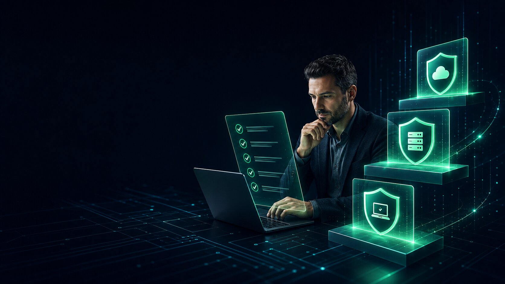 Gestor de TI avaliando critérios para escolher antivírus para empresas com camadas de proteção de endpoints, servidores e nuvem